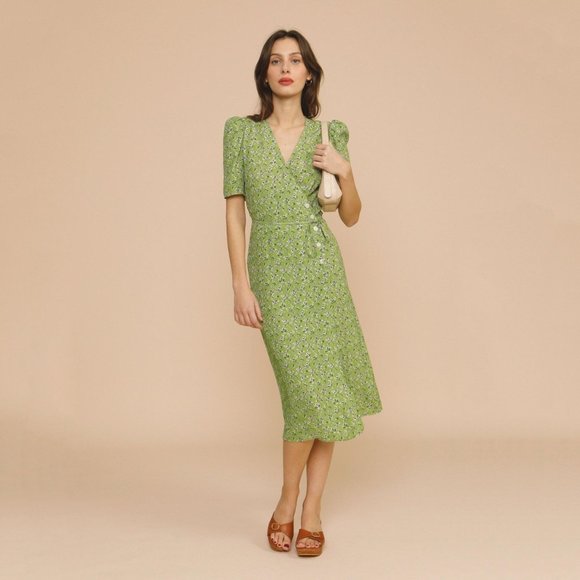 Rouje Dresses & Skirts - Rouje Gabin Dress Rosita Vert Midi Wrap Green FR 34 US 2 XS Small Floral Summer